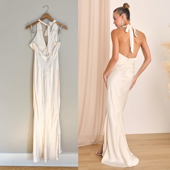 Start of Forever Ivory Satin Halter Mermaid Maxi Dress Small - Picture 6 of 13